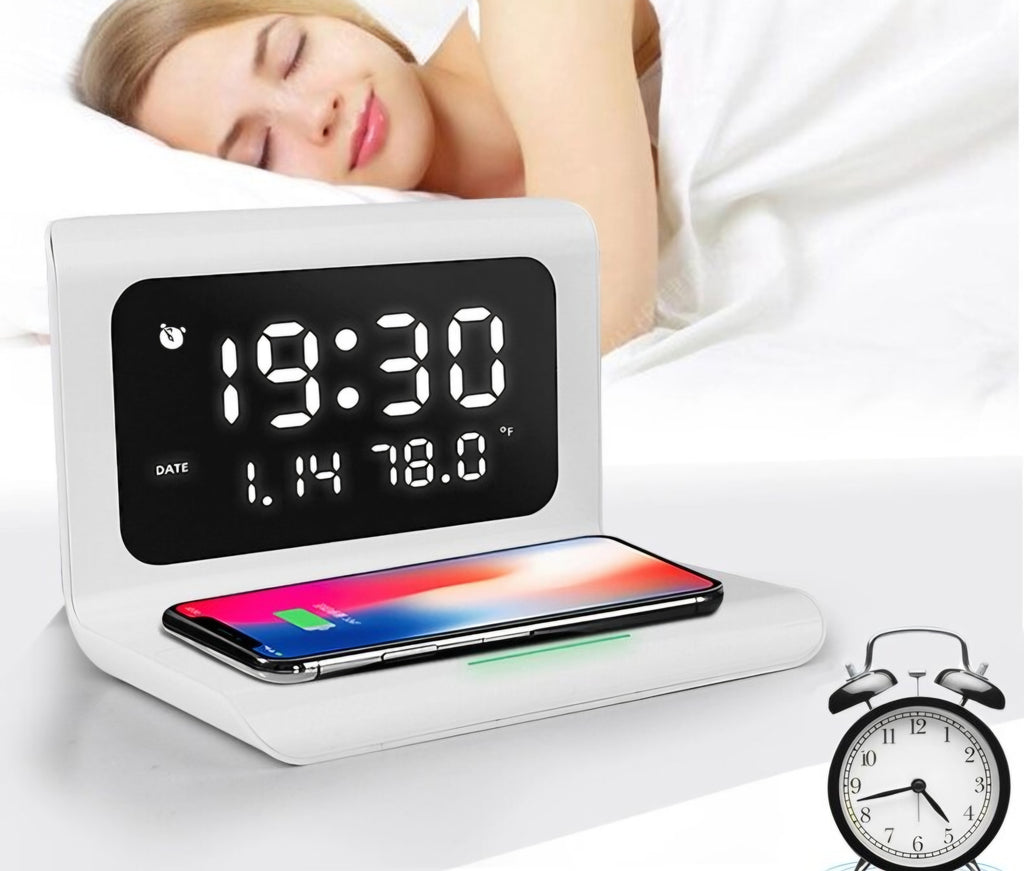 3-in-1 Smart Digital Alarm Clock & Fast Wireless Charging Station – Sleek Design with Temperature & Date Display