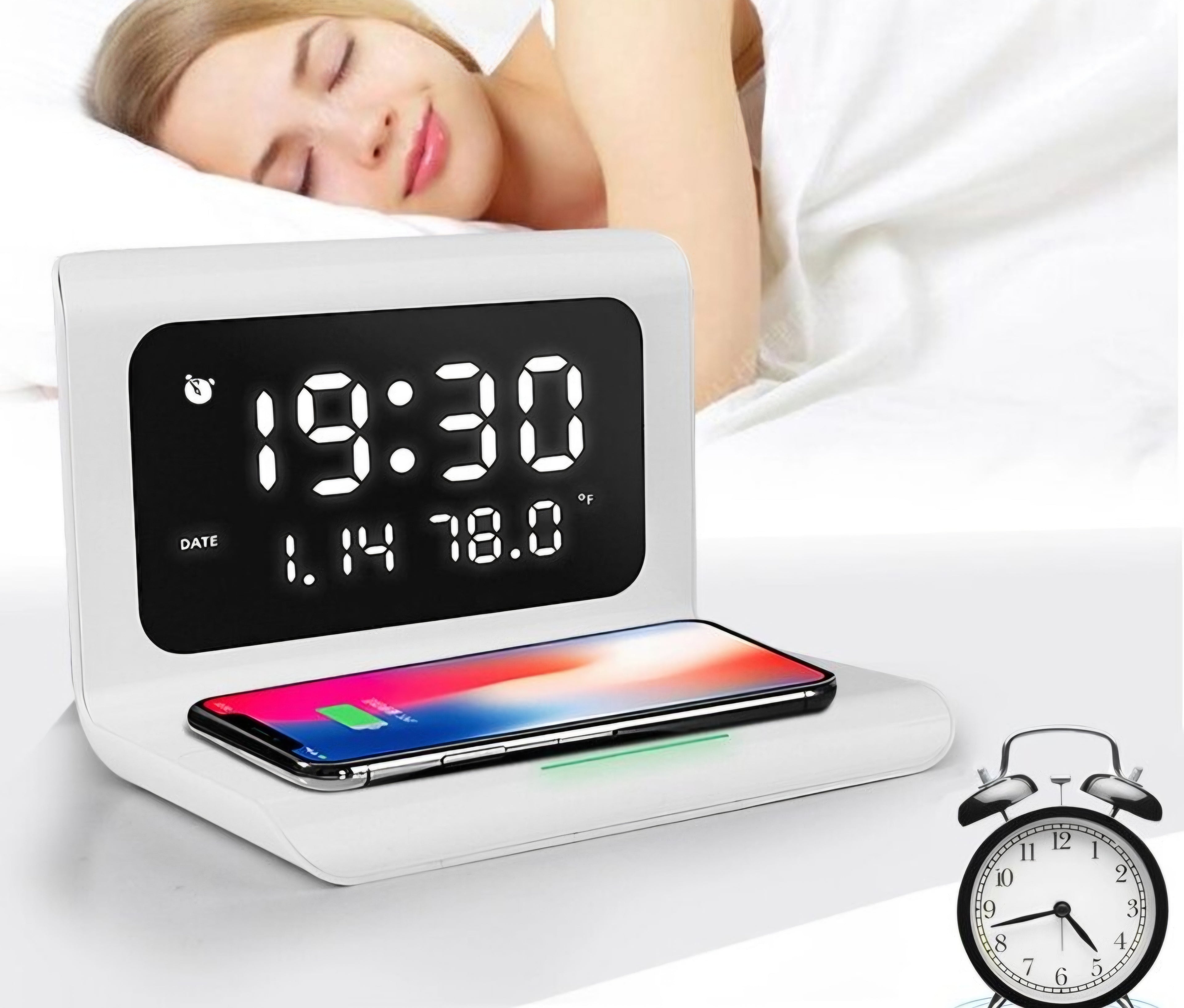 3-in-1 Smart Digital Alarm Clock & Fast Wireless Charging Station – Sleek Design with Temperature & Date Display